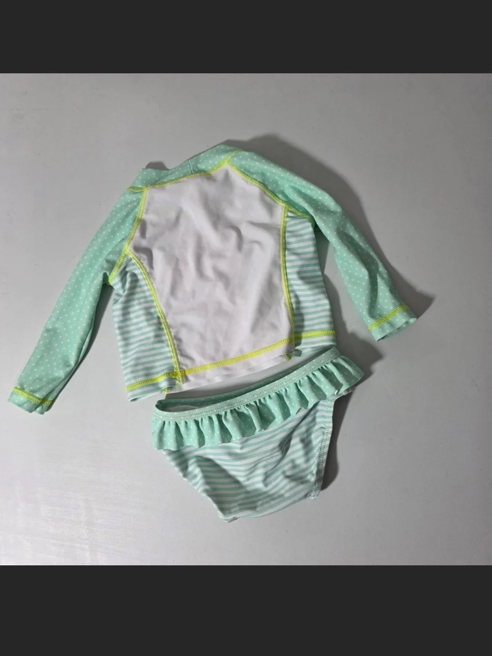 Kids Mint Flamingo Rash Guard Swim Set - Long Sleeve Top & Ruffle Bottom